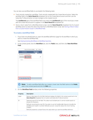 Working with Custom Fields 105
You can also use workflow fields to accomplish the following tasks:
■ Track records created by a workflow. Track records created with the Create Record action. Select the
workflow field in the Store Result In dropdown list on the Create Record action and then use the
Subscribe To Record action to track changes to the created record.
The List/Record type of the workflow field must match the List/Record type of the record you create
with the Create Record action to appear in the Store Result In dropdown list.
■ Store a return value from a Workflow Action script. Use the Store Result In dropdown list of a Custom
workflow action to store the value returned from a Workflow Action script. See Storing a Return Value
from a Custom Action Script in a Workflow Field.
To create a workflow field:
1. If you have not already done so, open the workflow definition page for the workflow in which you
want to create the workflow field.
See Viewing Existing Workflows or Workflow Searches.
2. In the context panel, click the Workflow tab, click the Fields view, and then click New Workflow
Field.
Note: To edit a workflow field after you create it, hover over the field name on the Fields
view in the context panel and click the Edit icon.
3. On the Workflow Field window, enter the following properties:
Property Description
Label Name or description for the field. NetSuite displays this label in the context panel and in the
Store Result In dropdown list on Custom and Subscribe To Record actions.
ID Optional script ID for the field. This value must be lowercase. It cannot include spaces or
exceed 30 characters.
NetSuite recommends script IDs if you plan to use the SuiteBundler feature to bundle the
workflow and install it in another NetSuite account. Script IDs reduce the risk of naming
conflicts.
NetSuite prepends custworkflow to this value when you save the workflow definition.
SuiteFlow User Guide
 