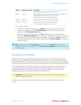 Workflow Mass Updates 127
Subtab Required / Optional Description
See the help topic Advanced Search Criteria Filters.
Results Optional Define display options for mass update results. The results appear
when you preview the records for the mass update.
See the help topic Search Results Display Options.
Audience Optional Define the users who can perform the mass update.
Schedule Optional Define a schedule on which to perform the update.
See the help topic Scheduling a Mass Update.
7. Do one of the following:
■ To perform the update immediately, in the Apply column, select the records you want to
transition the workflow on and click Perform Update. The status of the mass update is
displayed on the Mass Update Status page.
■ To save the update and execute it later, click Save. NetSuite saves the mass update and
displays the Saved Mass Updates page. You can return to this page to transition the workflow
instances by going to Lists > Mass Update > Saved Mass Updates. Click Preview next to the
name of the update. On the Mass Update Preview page, click Perform Update to transition the
workflow instances.
Note: Optionally, from the Mass Update page, you can use the Audit Trail tab to view the
changes to the current mass update or use the Action Title Translation tab to localize the title of
the mass update.
Bundling a Workflow
After you design and test a workflow, you can bundle the workflow to install the workflow into other
NetSuite accounts. Workflow objects are lockable in a bundle. However, if you lock a bundled workflow,
the workflow definition, custom fields, states, transitions, and actions cannot be edited in target accounts.
Also, you cannot add states or transitions to a locked workflow, but you can add workflow and state fields.
Use the Bundle Builder to bundle a workflow. You can bundle any workflow in an account, including
any inactive workflows. If you include a workflow that references a custom role, the custom role is
automatically included. For more information about using the Bundle Builder, see the help topics
SuiteBundler Overview and Creating a Bundle with the Bundle Builder.
Important: Workflow instances and history logs are not copied to target accounts when a
bundle is installed or updated.
The following screenshot shows the Bundle Builder where you can select workflows to include in a
bundle:
SuiteFlow User Guide
 