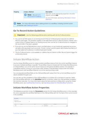Workflow Actions Overview 144
Property Create | Redirect Description
Note: Also see Go To
Record Action Guidelines.
field name, set the appropriate properties in the other
columns, and click Add.
For more information, see Setting Field Values in Action
Definitions.
Note: For more information about adding actions to a workflow, including common action
properties, see Creating an Action.
Go To Record Action Guidelines
Important: Use the following guidelines when working with the Go To Record action.
■ You cannot set field values on an existing record if the Go To Record action executes on a Before
Record Load trigger. This limitation applies to Set Field Value and Go To Record actions. Instead, use a
custom action to update fields on an existing record, then use the Go To Record action to navigate to
the record after it has been updated.
■ If you do not use the field definition area to set field values, on any SuiteScript supported record you
can add a URL parameter such as record.{field}={value} and the system will initialize that field, as if
you had called setFieldValue in a before load event handler.
■ The Go To Record action is not available on a Before Record Submit or After Record Submit trigger for
a time entry record.
Initiate Workflow Action
Use the Initiate Workflow action to initiate another workflow instance from the current workflow instance
to process multiple workflows in parallel. The workflow instance initiated with the Initiate Workflow action,
or child workflow, runs on the same record instance as the parent workflow instance. For example, if
a workflow instance running on a purchase order initiates a child workflow instance with the Initiate
Workflow action, both workflow instances run on the same purchase order.
You can populate workflow fields on the child workflow with values from the current workflow record or
values available through a join.
You can also use the completion of the child workflow as a condition for a transition to execute. Select
the child workflow definition on the Workflow field for a transition. When the child workflow completes,
the transition executes. For more information about the best practices to follow when using the Initiate
Workflow action, see SuiteFlow Best Practices. See Specifying States for Child Workflow Transitions.
Initiate Workflow Action Properties
The following screenshot shows the Parameters section for the Initiate Workflow action. In this example,
the action populates the workflow field Rate on the child workflow with the Tax Rate of the current record
in the workflow.
SuiteFlow User Guide
 