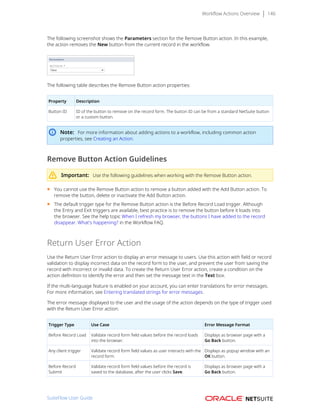 Workflow Actions Overview 146
The following screenshot shows the Parameters section for the Remove Button action. In this example,
the action removes the New button from the current record in the workflow.
The following table describes the Remove Button action properties:
Property Description
Button ID ID of the button to remove on the record form. The button ID can be from a standard NetSuite button
or a custom button.
Note: For more information about adding actions to a workflow, including common action
properties, see Creating an Action.
Remove Button Action Guidelines
Important: Use the following guidelines when working with the Remove Button action.
■ You cannot use the Remove Button action to remove a button added with the Add Button action. To
remove the button, delete or inactivate the Add Button action.
■ The default trigger type for the Remove Button action is the Before Record Load trigger. Although
the Entry and Exit triggers are available, best practice is to remove the button before it loads into
the browser. See the help topic When I refresh my browser, the buttons I have added to the record
disappear. What's happening? in the Workflow FAQ.
Return User Error Action
Use the Return User Error action to display an error message to users. Use this action with field or record
validation to display incorrect data on the record form to the user, and prevent the user from saving the
record with incorrect or invalid data. To create the Return User Error action, create a condition on the
action definition to identify the error and then set the message text in the Text box.
If the multi-language feature is enabled on your account, you can enter translations for error messages.
For more information, see Entering translated strings for error messages.
The error message displayed to the user and the usage of the action depends on the type of trigger used
with the Return User Error action:
Trigger Type Use Case Error Message Format
Before Record Load Validate record form field values before the record loads
into the browser.
Displays as browser page with a
Go Back button.
Any client trigger Validate record form field values as user interacts with the
record form.
Displays as popup window with an
OK button.
Before Record
Submit
Validate record form field values before the record is
saved to the database, after the user clicks Save.
Displays as browser page with a
Go Back button.
SuiteFlow User Guide
 