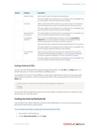 Workflow Actions Overview 152
Section Property Description
 
Statement Date Select a date for when the statement was generated.
This option applies to the statement you are including and is unavailable if you
are not including a statement with your email message.
 
Start Date Select a date for the earliest transactions you want to show on the statement.
Leave this field blank if you want to show all transactions for this customer.
This option applies to the statement you are including and is unavailable if you
are not including a statement with your email message.
 
Show Only Open
Transactions
This option applies to the statement you are including and is unavailable if you
are not including a statement with your email message.
 
Consolidated
Statement
If you use the Consolidated Payments feature, check the Consolidated
Statement box to send a statement showing the overall balance for the
customer-subcustomer hierarchy this customer is a part of.
Clear this box to send a statement showing only the balance for this customer
This option applies to the statement you are including and is unavailable if you
are not including a statement with your email message.
 
Use Customer’s
Locale
Select this option to generate the statement in the locale of the customer,
instead of the default/company language. For a list of supported languages,
see System Supported Languages in Configuring Multiple Languages.
This option applies to the statement you are including and is unavailable if you
are not including a statement with your email message.
Using Internal IDs
You can use internal NetSuite IDs to dynamically generate values in the Cc, Bcc, and Body fields on a
Send Email action or in other similar fields in workflow actions.
For example, if the record in the workflow is a sales order, to generate the email as if it was sent by the
sales rep for the customer, use the {salesrep} internal ID in the closing statement of the email in the
Body field:
Thank you {entity}, for your order. We will notify you shortly regarding your shipping date.
Sincerely,
{salesrep}
You can also reference data from joined records. For example, to add the email for the sales rep to the
above email, use {salesrep.email}.
Finding the Internal NetSuite ID
Use the Field ID for a field in NetSuite to find the internal NetSuite ID. You can use a similar process to
also find the internal ID for joined records.
To use field-level help to identify internal NetSuite IDs:
1. Go to Home > Set Preferences.
2. Enable Show Internal IDs and click Save.
SuiteFlow User Guide
 
