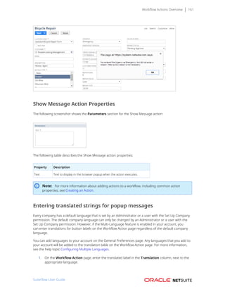 Workflow Actions Overview 161
Show Message Action Properties
The following screenshot shows the Parameters section for the Show Message action:
The following table describes the Show Message action properties:
Property Description
Text Text to display in the browser popup when the action executes.
Note: For more information about adding actions to a workflow, including common action
properties, see Creating an Action.
Entering translated strings for popup messages
Every company has a default language that is set by an Administrator or a user with the Set Up Company
permission. The default company language can only be changed by an Administrator or a user with the
Set Up Company permission. However, if the Multi-Language feature is enabled in your account, you
can enter translations for button labels on the Workflow Action page regardless of the default company
language.
You can add languages to your account on the General Preferences page. Any languages that you add to
your account will be added to the translation table on the Workflow Action page. For more information,
see the help topic Configuring Multiple Languages.
1. On the Workflow Action page, enter the translated label in the Translation column, next to the
appropriate language.
SuiteFlow User Guide
 