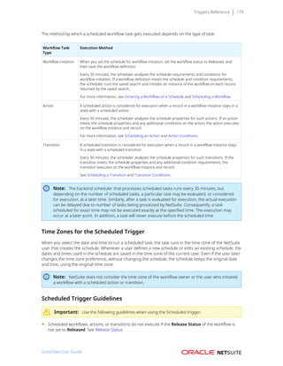 Triggers Reference 179
The method by which a scheduled workflow task gets executed depends on the type of task:
Workflow Task
Type
Execution Method
Workflow initiation When you set the schedule for workflow initiation, set the workflow status to Released, and
then save the workflow definition.
Every 30 minutes, the scheduler analyzes the schedule requirements and conditions for
workflow initiation. If a workflow definition meets the schedule and condition requirements,
the scheduler runs the saved search and initiates an instance of the workflow on each record
returned by the saved search.
For more information, see Initiating a Workflow on a Schedule and Scheduling a Workflow.
Action A scheduled action is considered for execution when a record in a workflow instance stays in a
state with a scheduled action.
Every 30 minutes, the scheduler analyzes the schedule properties for such actions. If an action
meets the schedule properties and any additional conditions on the action, the action executes
on the workflow instance and record.
For more information, see Scheduling an Action and Action Conditions.
Transition A scheduled transition is considered for execution when a record in a workflow instance stays
in a state with a scheduled transition.
Every 30 minutes, the scheduler analyzes the schedule properties for such transitions. If the
transition meets the schedule properties and any additional condition requirements, the
transition executes on the workflow instance and record.
See Scheduling a Transition and Transition Conditions.
Note: The backend scheduler that processes scheduled tasks runs every 30 minutes, but
depending on the number of scheduled tasks, a particular task may be evaluated, or considered
for execution, at a later time. Similarly, after a task is evaluated for execution, the actual execution
can be delayed due to number of tasks being processed by NetSuite. Consequently, a task
scheduled for exact time may not be executed exactly at the specified time. The execution may
occur at a later point. In addition, a task will never execute before the scheduled time
Time Zones for the Scheduled Trigger
When you select the date and time to run a scheduled task, the task runs in the time zone of the NetSuite
user that creates the schedule. Whenever a user defines a new schedule or edits an existing schedule, the
dates and times used in the schedule are saved in the time zone of the current user. Even if the user later
changes the time zone preference, without changing the schedule, the schedule keeps the original date
and time, using the original time zone.
Note: NetSuite does not consider the time zone of the workflow owner or the user who initiated
a workflow with a scheduled action or transition.
Scheduled Trigger Guidelines
Important: Use the following guidelines when using the Scheduled trigger.
■ Scheduled workflows, actions, or transitions do not execute if the Release Status of the workflow is
not set to Released. See Release Status.
SuiteFlow User Guide
 