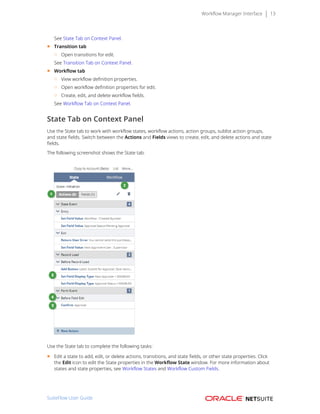 Workflow Manager Interface 13
See State Tab on Context Panel.
■ Transition tab
□ Open transitions for edit.
See Transition Tab on Context Panel.
■ Workflow tab
□ View workflow definition properties.
□ Open workflow definition properties for edit.
□ Create, edit, and delete workflow fields.
See Workflow Tab on Context Panel.
State Tab on Context Panel
Use the State tab to work with workflow states, workflow actions, action groups, sublist action groups,
and state fields. Switch between the Actions and Fields views to create, edit, and delete actions and state
fields.
The following screenshot shows the State tab:
Use the State tab to complete the following tasks:
■ Edit a state to add, edit, or delete actions, transitions, and state fields, or other state properties. Click
the Edit icon to edit the State properties in the Workflow State window. For more information about
states and state properties, see Workflow States and Workflow Custom Fields.
SuiteFlow User Guide
 