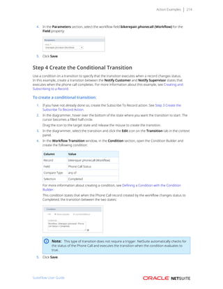 Action Examples 214
4. In the Parameters section, select the workflow field bikerepair.phonecall (Workflow) for the
Field property:
5. Click Save.
Step 4 Create the Conditional Transition
Use a condition on a transition to specify that the transition executes when a record changes status.
In this example, create a transition between the Notify Customer and Notify Supervisor states that
executes when the phone call completes. For more information about this example, see Creating and
Subscribing to a Record.
To create a conditional transition:
1. If you have not already done so, create the Subscribe To Record action. See Step 3 Create the
Subscribe To Record Action.
2. In the diagrammer, hover over the bottom of the state where you want the transition to start. The
cursor becomes a filled half-circle.
Drag the icon to the target state and release the mouse to create the transition.
3. In the diagrammer, select the transition and click the Edit icon on the Transition tab in the context
panel.
4. In the Workflow Transition window, in the Condition section, open the Condition Builder and
create the following condition:
Column Value
Record bikerepair.phonecall (Workflow)
Field Phone Call Status
Compare Type any of
Selection Completed
For more information about creating a condition, see Defining a Condition with the Condition
Builder.
This condition states that when the Phone Call record created by the workflow changes status to
Completed, the transition between the two states:
Note: This type of transition does not require a trigger. NetSuite automatically checks for
the status of the Phone Call and executes the transition when the condition evaluates to
true.
5. Click Save.
SuiteFlow User Guide
 