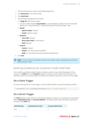 Condition Examples 218
1. Click the Pending Action state in the workflow diagrammer.
2. Click New Action in the Context Panel.
3. Click Send Email.
4. Set the following properties for the action:
■ Trigger On: After Record Submit
■ Use the Condition Builder (Visual Builder) to set the following condition for the Priority field:
Old Record : Priority (Task/Call) != Priority (Task/Call) And Priority (Task/Call) = High
■ Sender:
□ Specific Sender: checked
□ Sender: Specify a sender
■ Recipient:
□ From Field: checked
□ Record (Join Field): Current Record
□ Field: Assigned
■ Content:
□ Custom: checked
□ Subject: Your task has been escalated!
□ Body: Your task ‘{title}’ has been escalated to High priority!
5. Click Save.
Note: The formula for the condition built with the condition builder represented by a formula is
{old.priority.id} = 'HIGH'.
Defining Conditions for Customer Credit Hold Field
You can define a workflow condition based on whether customers have credit holds placed on their
accounts. The Hold field on the Financial subtab of a Customer record indicates the hold status. The
methods to define the condition depend on whether the condition executes on a client or server trigger.
On a Client Trigger
For actions that execute on a client trigger, use the Condition Builder to create the following condition:
nlapiLookupField('customer',nvl(nullIfEmpty(nlapiGetFieldValue('entity')),-1),'credithold',false)=='ON'
On a Server Trigger
The Hold field does not directly exist in the NetSuite database. Instead, it is a combination of two boolean
fields: creditholdoverride and manualcredithold. The following table shows how NetSuite generates
the value of the Hold field:
Hold Field Value creditholdoverride Value manualcredithold Value
Auto F F
SuiteFlow User Guide
 