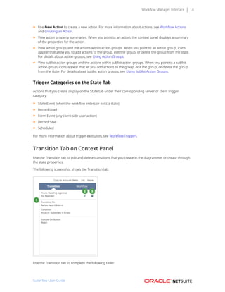 Workflow Manager Interface 14
■ Use New Action to create a new action. For more information about actions, see Workflow Actions
and Creating an Action.
■ View action property summaries. When you point to an action, the context panel displays a summary
of the properties for the action.
■ View action groups and the actions within action groups. When you point to an action group, icons
appear that allow you to add actions to the group, edit the group, or delete the group from the state.
For details about action groups, see Using Action Groups.
■ View sublist action groups and the actions within sublist action groups. When you point to a sublist
action group, icons appear that let you add actions to the group, edit the group, or delete the group
from the state. For details about sublist action groups, see Using Sublist Action Groups.
Trigger Categories on the State Tab
Actions that you create display on the State tab under their corresponding server or client trigger
category:
■ State Event (when the workflow enters or exits a state)
■ Record Load
■ Form Event (any client-side user action)
■ Record Save
■ Scheduled
For more information about trigger execution, see Workflow Triggers.
Transition Tab on Context Panel
Use the Transition tab to edit and delete transitions that you create in the diagrammer or create through
the state properties.
The following screenshot shows the Transition tab:
Use the Transition tab to complete the following tasks:
SuiteFlow User Guide
 