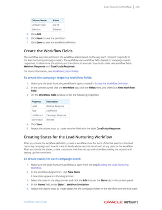 Lead Nurturing Workflow 260
Column Name Value
Compare Type any of
Selection Software
5. Click Add.
6. Click Save to save the condition.
7. Click Save to save the workflow definition.
Create the Workflow Fields
The workflow executes actions in the workflow states based on the way each recipient responds to
the lead nurturing campaign events. The workflow uses workflow fields, based on campaign events
responses, to determine the actions and transitions to execute. You must create two workflow fields:
Webinar.Response and CaseStudy.Response.
For more information, see Workflow Custom Fields.
To create the campaign response workflow fields:
1. Make sure the Lead Nurturing workflow is open, created in Create the Workflow Definition.
2. In the context panel, click the Workflow tab, click the Fields view, and then click New Workflow
Field
3. On the Workflow Field window, enter the following properties:
Property Description
Label Webinar.Response
Type List/Record
List/Record Campaign Response
Store Value checked
4. Click Save.
5. Repeat the above steps to create another field with the label CaseStudy.Response.
Creating States for the Lead Nurturing Workflow
After you create the workflow definition, create a workflow state for each of the five events in the lead
nurturing campaign and an exit state for leads whose records are closed at any point in the workflow.
After you create the states, create transitions and then set up each state by creating the actions and
setting up the transitions.
To create states for each campaign event:
1. Make sure the Lead Nurturing workflow is open from the step Building the Lead Nurturing
Workflow.
2. In the workflow diagrammer, click New State.
A new state appears in the diagrammer.
3. Select the state in the diagrammer and click the Edit icon on the State tab in the context panel.
4. In the Name field, enter State 1: Webinar Invitation.
5. Repeat the above steps to create states for the campaign events in the workflow and the exit state:
SuiteFlow User Guide
 