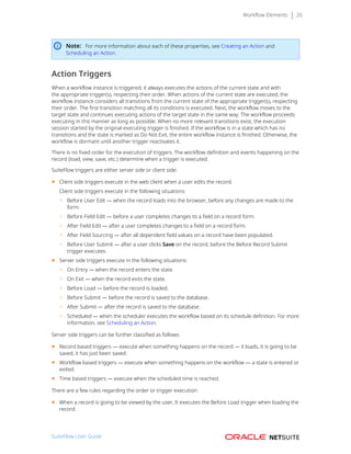 Workflow Elements 26
Note: For more information about each of these properties, see Creating an Action and
Scheduling an Action.
Action Triggers
When a workflow instance is triggered, it always executes the actions of the current state and with
the appropriate trigger(s), respecting their order. When actions of the current state are executed, the
workflow instance considers all transitions from the current state of the appropriate trigger(s), respecting
their order. The first transition matching all its conditions is executed. Next, the workflow moves to the
target state and continues executing actions of the target state in the same way. The workflow proceeds
executing in this manner as long as possible. When no more relevant transitions exist, the execution
session started by the original executing trigger is finished. If the workflow is in a state which has no
transitions and the state is marked as Do Not Exit, the entire workflow instance is finished. Otherwise, the
workflow is dormant until another trigger reactivates it.
There is no fixed order for the execution of triggers. The workflow definition and events happening on the
record (load, view, save, etc.) determine when a trigger is executed.
SuiteFlow triggers are either server side or client side:
■ Client side triggers execute in the web client when a user edits the record.
Client side triggers execute in the following situations:
□ Before User Edit — when the record loads into the browser, before any changes are made to the
form.
□ Before Field Edit — before a user completes changes to a field on a record form.
□ After Field Edit — after a user completes changes to a field on a record form.
□ After Field Sourcing — after all dependent field values on a record have been populated.
□ Before User Submit — after a user clicks Save on the record, before the Before Record Submit
trigger executes.
■ Server side triggers execute in the following situations:
□ On Entry — when the record enters the state.
□ On Exit — when the record exits the state.
□ Before Load — before the record is loaded.
□ Before Submit — before the record is saved to the database.
□ After Submit — after the record is saved to the database.
□ Scheduled — when the scheduler executes the workflow based on its schedule definition. For more
information, see Scheduling an Action.
Server side triggers can be further classified as follows:
■ Record based triggers — execute when something happens on the record — it loads, it is going to be
saved, it has just been saved.
■ Workflow based triggers — execute when something happens on the workflow — a state is entered or
exited.
■ Time based triggers — execute when the scheduled time is reached.
There are a few rules regarding the order or trigger execution:
■ When a record is going to be viewed by the user, It executes the Before Load trigger when loading the
record.
SuiteFlow User Guide
 