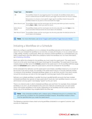 Workflow Initiation 41
Trigger Type Description
- All - The workflow initiates for any triggering event. For example, the workflow initiates when a
record is viewed because the Before Record Load trigger executes when the record is viewed.
Best practice is to choose a more specific trigger type for workflow initiation because the
workflow initiates for any action on the record with this trigger.
Before Record Load The workflow initiates and the record goes into the entry state when you load a record by
clicking New or Edit, or when you view the record.
Before Record
Submit
The workflow initiates and the record goes into the entry state after you click Save on the
record and before NetSuite writes the record data to the database.
After Record Submit The workflow initiates and the record goes into the entry state after the NetSuite writes the
record data to the database.
Note: For more information, see Server Triggers and SuiteFlow Trigger Execution Model.
Initiating a Workflow on a Schedule
When you configure a workflow to run on a schedule, the workflow executes on the results of a saved
search. You can schedule the workflow to run one time, run every 30 minutes, or run at a certain time on
a daily, weekly, monthly, or yearly basis. When you choose to initiate workflows on a scheduled basis, you
select a saved search and then define the schedule on which the workflow runs. For more information,
see Scheduling a Workflow.
Before you define the schedule for the workflow, you must create the saved search. The saved search
must run on the same record type as the base record type for the workflow. The saved search must also
include at least one filter set on the Criteria subtab for the saved search. On the workflow definition page,
select the Scheduled option, select the saved search, and set the schedule for the workflow.
At the scheduled time, NetSuite runs the saved search and initiates a workflow instance to run on each of
the records in the search results. For example, if the saved search returns 10 records, NetSuite initiates
10 instances of the workflow. Scheduled workflows always run on all of the records in the search results,
not just the records you can see on the main page (for summary type result) of the saved search.
NetSuite runs multiple workflows in parallel. Running in parallel benefits accounts that have multiple
scheduled workflows that operate on large saved search result sets. Each workflow instance runs as an
administrator and any system note displays “System” as the user name.
There is no inherent order in which scheduled workflows start and finish. For example, three scheduled
workflows, A, B, and C, are all scheduled at the same time. NetSuite simultaneously runs each saved
search and initiates workflows on the results. Depending on the workflow and the number of search
results, any of the workflows may complete before the other two.
Note: Only scheduled workflows with a release status of Released execute on a schedule. Also,
you cannot set a condition for the scheduled workflow initiation. All workflow initiation criteria
must be specified when you create the saved search.
The following screenshot shows a lead nurturing workflow scheduled to run against Customer Lead
records on a daily basis:
SuiteFlow User Guide
 