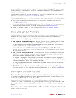Workflow Audience 45
edit any workflows on records for which they have the full permission level assigned. To access, create, or
modify a workflow, it is also necessary for users to have the feature related to the workflow base record
enabled in their account.
Administrators can assign the Workflow permission to a role by going to Setup > Users/Roles > Manage
Roles. See the help topic Customizing or Creating NetSuite Roles.
Administrators and users with the Workflow permission on their role can also perform the following tasks:
■ View existing workflows. View existing workflows at Customization > Workflow > Workflows. See
Viewing Existing Workflows.
■ Perform workflow administration. Execute a saved search for workflows or workflow instances, cancel
workflows, perform mass updates, and bundle workflows. See Workflow Administration.
■ Specify the workflow audience. For more information, see Defining the Workflow Audience.
Users Who Can Run Workflows
Workflow instances run on records transparently to the user. Users create or update a record and do not
know that by creating, viewing, or updating a record they are putting the record into a workflow.
Workflows run for any user depending on the following conditions:
■ User has access to the base record. If your workflow requires that users have view, edit, and create
permission levels for the base record, you should check that the roles of all intended users have
the appropriate permission and access levels. Workflows do not run for users who do not have the
required permission levels. See Workflow Base Record.
For example, most users do not have view or create access to Employee records. If you create a
workflow to run on Employee records, this workflow does not run for users who do not have access to
the Employee record type.
■ User has access to any joined records. If your workflow sets a field on a record, based on the value
of a field in a related record, users must also have at least the View permission level for the related
record type. Otherwise, the workflow does not work as intended.
For example, a workflow that uses a Set Field Value action to set a value on a Purchase Order from a
related Vendor or Employee record, then all users accessing the Purchase Order also need at least the
View permission level for Vendor and Employee record types.
For more information about a possible workaround for issues with joined records, see the help topic
Execute As Admin.
■ Workflow is released. The release status of workflows can be set to Suspended, Not Initiating,
Testing, or Released. For more information about the release status, see the help topic Release Status.
Defining the Workflow Audience
The audience for any workflow is determined by those users who have view, edit, or create level access
to the base record type for the workflow. However, you can use conditions on workflow initiation, actions,
and transitions to further refine the scope of a workflow.
Use a condition on the workflow, action, and transition definition pages to define conditions that
determine the audience of the workflow. You can use the fields available on the base record type as well
as any fields available to related records to define the users for whom a workflow initiates or executes
actions.
For example, you can use the User Role field to limit workflow initiation for users logged in with the Payroll
Setup or Payroll Manager roles:
SuiteFlow User Guide
 