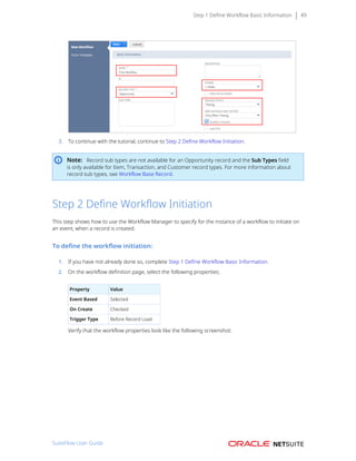 Step 1 Define Workflow Basic Information 49
3. To continue with the tutorial, continue to Step 2 Define Workflow Initiation.
Note: Record sub types are not available for an Opportunity record and the Sub Types field
is only available for Item, Transaction, and Customer record types. For more information about
record sub types, see Workflow Base Record.
Step 2 Define Workflow Initiation
This step shows how to use the Workflow Manager to specify for the instance of a workflow to initiate on
an event, when a record is created.
To define the workflow initiation:
1. If you have not already done so, complete Step 1 Define Workflow Basic Information.
2. On the workflow definition page, select the following properties:
Property Value
Event Based Selected
On Create Checked
Trigger Type Before Record Load
Verify that the workflow properties look like the following screenshot:
SuiteFlow User Guide
 