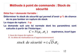 Méthode à point de commande : Stock de
                      sécurité
Délai fixe + demande Variable :
Déterminer le stock de sécurité qui permet d’avoir p % de chance
  de ne pas tomber en rupture de stock
Le risque de rupture : 1-p
La demande suit une loi normale dont les paramètres sont
  calculés à partir de l’historique :
                        C = N ( µC , σ C ) espérance, écart type
    t: taux de risque de rupture
    D : le délai de réalisation ou d’approvisionnement

             stock de sécurité = t. D .σ C

                                            cours GPAO - O.Belkahla Driss   12
 