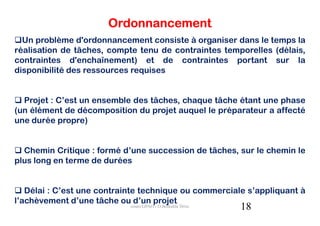 Ordonnancement
  Un problème d'ordonnancement consiste à organiser dans le temps la
réalisation de tâches, compte tenu de contraintes temporelles (délais,
contraintes d'enchaînement) et de contraintes portant sur la
disponibilité des ressources requises


  Projet : C’est un ensemble des tâches, chaque tâche étant une phase
(un élément de décomposition du projet auquel le préparateur a affecté
une durée propre)


  Chemin Critique : formé d’une succession de tâches, sur le chemin le
plus long en terme de durées


   Délai : C’est une contrainte technique ou commerciale s’appliquant à
l’achèvement d’une tâche ou d’un projet
                            cours GPAO - O.Belkahla Driss   18
 