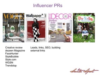 Influencer PRs
Creative review
dezeen Magazine
FaceHunter
StyleBubble
Style.com
WGSN
Trendstop
Leads, links, SEO, building
external links
 