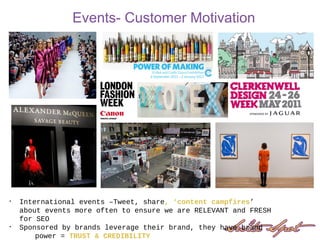 Events- Customer Motivation
• International events –Tweet, share, ‘content campfires’
about events more often to ensure we are RELEVANT and FRESH
for SEO
• Sponsored by brands leverage their brand, they have brand
power = TRUST & CREDIBILITY
 