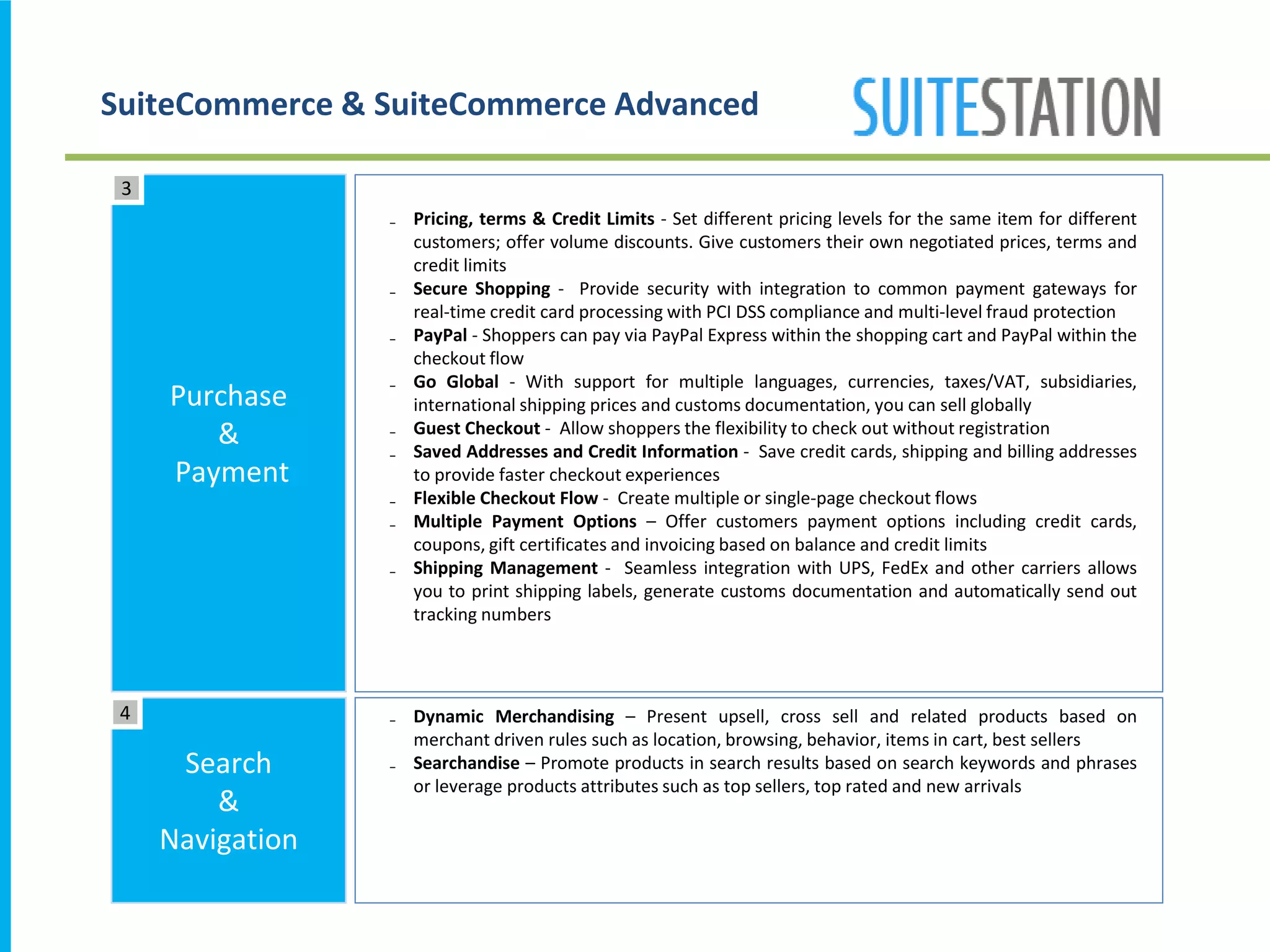 SuiteCommerce & SuiteCommerce Advanced
₋ Pricing, terms & Credit Limits - Set different pricing levels for the same item for different
customers; offer volume discounts. Give customers their own negotiated prices, terms and
credit limits
₋ Secure Shopping - Provide security with integration to common payment gateways for
real-time credit card processing with PCI DSS compliance and multi-level fraud protection
₋ PayPal - Shoppers can pay via PayPal Express within the shopping cart and PayPal within the
checkout flow
₋ Go Global - With support for multiple languages, currencies, taxes/VAT, subsidiaries,
international shipping prices and customs documentation, you can sell globally
₋ Guest Checkout - Allow shoppers the flexibility to check out without registration
₋ Saved Addresses and Credit Information - Save credit cards, shipping and billing addresses
to provide faster checkout experiences
₋ Flexible Checkout Flow - Create multiple or single-page checkout flows
₋ Multiple Payment Options – Offer customers payment options including credit cards,
coupons, gift certificates and invoicing based on balance and credit limits
₋ Shipping Management - Seamless integration with UPS, FedEx and other carriers allows
you to print shipping labels, generate customs documentation and automatically send out
tracking numbers
Purchase
&
Payment
3
Search
&
Navigation
₋ Dynamic Merchandising – Present upsell, cross sell and related products based on
merchant driven rules such as location, browsing, behavior, items in cart, best sellers
₋ Searchandise – Promote products in search results based on search keywords and phrases
or leverage products attributes such as top sellers, top rated and new arrivals
4
 