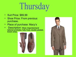 Suit Price: $89.99 Shoe Price: From previous purchase. Place of purchase: Macy’s Description:  Wool, Imported,hand tailored armholes, fully lined, double pleated, brown shoe. Thursday 