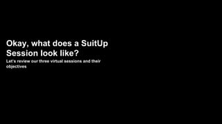 Okay, what does a SuitUp
Session look like?
Let’s review our three virtual sessions and their
objectives
 