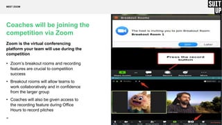 18
Coaches will be joining the
competition via Zoom
Zoom is the virtual conferencing
platform your team will use during the
competition
• Zoom’s breakout rooms and recording
features are crucial to competition
success
• Breakout rooms will allow teams to
work collaboratively and in confidence
from the larger group
• Coaches will also be given access to
the recording feature during Office
Hours to record pitches
MEET ZOOM
 