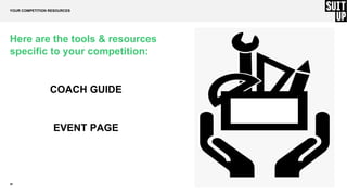 26
Here are the tools & resources
specific to your competition:
COACH GUIDE
EVENT PAGE
YOUR COMPETITION RESOURCES
 