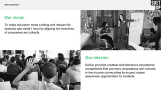 4
4
Our vision
To make education more exciting and relevant for
students who need it most by aligning the incentives
of companies and schools.
WHAT IS SUITUP?
Our mission
SuitUp provides creative and interactive educational
competitions that connects corporations with schools
in low-income communities to expand career
awareness opportunities for students.
 