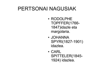PERTSONAI NAGUSIAK
         ●   RODOLPHE
             TOPFFER(1766-
             1847)idazle eta
             margolaria.
         ●   JOHANNA
             SPYRI(1827-1901)
             idazlea.
         ●   CARL
             SPITTELER(1845-
             1924) idazlea.
 
