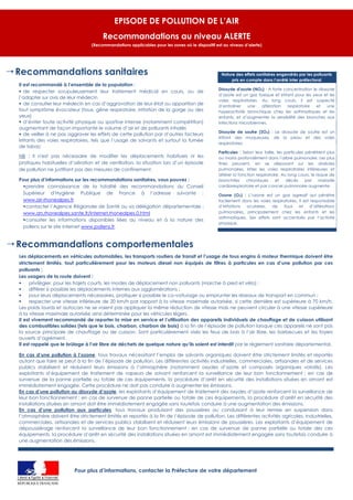 EPISODE DE POLLUTION DE L’AIR
                                                      Recommandations au niveau ALERTE
                                                 (Recommandations applicables pour les zones où le dispositif est au niveau d’alerte)




 Recommandations sanitaires                                                                                     Nature des effets sanitaires engendrés par les polluants
                                                                                                                      pris en compte dans l’arrêté inter préfectoral
   Il est recommandé à l’ensemble de la population :
                                                                                                               Dioxyde d'azote (NO2) : A forte concentration le dioxyde
    de respecter scrupuleusement leur traitement médical en cours, ou de
                                                                                                               d’azote est un gaz toxique et irritant pour les yeux et les
   l’adapter sur avis de leur médecin
                                                                                                               voies respiratoires. Au long cours, il est suspecté
    de consulter leur médecin en cas d’aggravation de leur état ou apparition de                              d’entraîner    une   altération    respiratoire  et   une
   tout symptôme évocateur (toux, gêne respiratoire, irritation de la gorge ou des                             hyperactivité bronchique chez les asthmatiques et les
   yeux)                                                                                                       enfants, et d’augmenter la sensibilité des bronches aux
    d’éviter toute activité physique ou sportive intense (notamment compétition)                              infections microbiennes.
   augmentant de façon importante le volume d’air et de polluants inhalés
                                                                                                               Dioxyde de soufre (SO2) : Le dioxyde de soufre est un
    de veiller à ne pas aggraver les effets de cette pollution par d’autres facteurs
                                                                                                               irritant des muqueuses, de la peau et des voies
   irritants des voies respiratoires, tels que l’usage de solvants et surtout la fumée
                                                                                                               respiratoires.
   de tabac
                                                                                                               Particules : Selon leur taille, les particules pénètrent plus
   NB : Il n'est pas nécessaire de modifier les déplacements habituels ni les                                  ou moins profondément dans l’arbre pulmonaire. Les plus
   pratiques habituelles d’aération et de ventilation, la situation lors d’un épisode                          fines peuvent, en se déposant sur les alvéoles
   de pollution ne justifiant pas des mesures de confinement.                                                  pulmonaires, irriter les voies respiratoires inférieures et
                                                                                                               altérer la fonction respiratoire. Au long cours, le risque de
   Pour plus d’informations sur les recommandations sanitaires, vous pouvez :                                  bronchites     chroniques      et    décès     par    maladie
     prendre connaissance de la totalité des recommandations du Conseil                                       cardiorespiratoire et par cancer pulmonaire augmente.
    Supérieur d’Hygiène Publique de France à l’adresse suivante :                                              Ozone (O3) : L’ozone est un gaz agressif qui pénètre
    www.air-rhonealpes.fr                                                                                      facilement dans les voies respiratoires. Il est responsable
     contacter l’Agence Régionale de Santé ou sa délégation départementale :                                  d’irritations oculaires,  de    toux     et    d’altérations
    www.ars.rhonealpes.sante.fr/Internet.rhonealpes.0.html                                                     pulmonaires, principalement chez les enfants et les
                                                                                                               asthmatiques. Ses effets sont accentués par l’activité
     consulter les informations disponibles liées au niveau et à la nature des
                                                                                                               physique.
    pollens sur le site internet www.pollens.fr.



 Recommandations comportementales
   Les déplacements en véhicules automobiles, les transports routiers de transit et l’usage de tous engins à moteur thermique doivent être
   strictement limités, tout particulièrement pour les moteurs diesel non équipés de filtres à particules en cas d’une pollution par ces
   polluants ;
   Les usagers de la route doivent :
        privilégier, pour les trajets courts, les modes de déplacement non polluants (marche à pied et vélo) ;
        différer si possible les déplacements internes aux agglomérations ;
        pour leurs déplacements nécessaires, pratiquer si possible le co-voiturage ou emprunter les réseaux de transport en commun ;
        respecter une vitesse inférieure de 20 km/h par rapport à la vitesse maximale autorisée, si cette dernière est supérieure à 70 km/h.
   Les poids lourds et autocars ne se voient pas appliquer la même réduction de vitesse mais ne peuvent circuler à une vitesse supérieure
   à la vitesse maximale autorisée ainsi déterminée pour les véhicules légers.
   Il est vivement recommandé de reporter la mise en service et l’utilisation des appareils individuels de chauffage et de cuisson utilisant
   des combustibles solides (tels que le bois, charbon, charbon de bois) à la fin de l’épisode de pollution lorsque ces appareils ne sont pas
   la source principale de chauffage ou de cuisson. Sont particulièrement visés les feux de bois à l’air libre, les barbecues et les foyers
   ouverts d’agrément.
   Il est rappelé que le brûlage à l’air libre de déchets de quelque nature qu’ils soient est interdit par le règlement sanitaire départemental.

   En cas d’une pollution à l’ozone, tous travaux nécessitant l’emploi de solvants organiques doivent être strictement limités et reportés
   autant que faire se peut à la fin de l’épisode de pollution. Les différentes activités industrielles, commerciales, artisanales et de services
   publics stabilisent et réduisent leurs émissions à l’atmosphère (notamment oxydes d’azote et composés organiques volatils). Les
   exploitants d’équipement de traitement de vapeurs de solvant renforcent la surveillance de leur bon fonctionnement ; en cas de
   survenue de la panne partielle ou totale de ces équipements, la procédure d’arrêt en sécurité des installations situées en amont est
   immédiatement engagée. Cette procédure ne doit pas conduire à augmenter les émissions.
   En cas d’une pollution au dioxyde d’azote, les exploitants d’équipement de traitement des oxydes d’azote renforcent la surveillance de
   leur bon fonctionnement ; en cas de survenue de panne partielle ou totale de ces équipements, la procédure d’arrêt en sécurité des
   installations situées en amont doit être immédiatement engagée sans toutefois conduire à une augmentation des émissions.
   En cas d’une pollution aux particules, tous travaux produisant des poussières ou conduisant à leur remise en suspension dans
   l’atmosphère doivent être strictement limités et reportés à la fin de l’épisode de pollution. Les différentes activités agricoles, industrielles,
   commerciales, artisanales et de services publics stabilisent et réduisent leurs émissions de poussières. Les exploitants d’équipement de
   dépoussiérage renforcent la surveillance de leur bon fonctionnement ; en cas de survenue de panne partielle ou totale des ces
   équipements, la procédure d’arrêt en sécurité des installations situées en amont est immédiatement engagée sans toutefois conduire à
   une augmentation des émissions.




                                           Pour plus d’informations, contacter la Préfecture de votre département
  Liberté      Égalité      Fraternité
  RÉPUBLIQUE FRANÇAISE
 