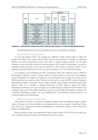 Mémoire MASTER 2 Recherche « Transports Espace Réseaux » JOHO Paul
Page | 21
24/01/2013
Ville A Ville B
Distance
ferroviaire
(en km)
1ère classe
(P1C)
Prix avec le
barème
kilométrique
(PKM)
P1C/PKM
PARIS VENDOME VILLIERS SUR LOIR 162 73 € 39,0 € 1,87
PARIS ST PIERRE DES CORPS 232 84 € 51,0 € 1,65
PARIS TOURS 235 84 € 51,5 € 1,63
PARIS CHATELLERAULT 300 101 € 62,7 € 1,61
PARIS FUTUROSCOPE 326 101 € 67,3 € 1,50
PARIS POITIERS 332 101 € 68,1 € 1,48
PARIS RUFFEC CHARENTE 402 115 € 78,4 € 1,47
PARIS ANGOULEME 445 115 € 84,7 € 1,36
PARIS LIBOURNE 544 120 € 97,6 € 1,23
PARIS BORDEAUX ST JEAN 581 120 € 102,5 € 1,17
PARIS AGEN 717 132 € 120,3 € 1,10
PARIS MONTAUBAN VILLE BOURBON 787 134 € 129,5 € 1,03
PARIS TOULOUSE MATABIAU 838 134 € 135,9 € 0,99
TABLEAU 9 – RATIO ENTRE LE PRIX PLEIN TARIF LOISIR EN 1ERE CLASSE ET LE PRIX KILOMETRIQUE EN 2013
COMPARAISON AVEC LES AUTRES LIGNES A GRANDE VITESSE
PRECISION SUR LE KILOMETRAGE
Les prix des relations TGV sont encadrés par différentes règles inscrites dans le cahier des
charges de la SNCF. Pour chaque relation TGV, le prix loisir maximum est encadré et ne peut pas
dépasser un certain pourcentage du prix d’un trajet de même longueur effectué sur une ligne
classique. Le prix en période normale ne doit pas dépasser 140% du prix « kilométrique ». Le prix en
période de pointe doit quant à lui ne pas être supérieur à 150% du prix en période normale. Le prix
appliqué en période de pointe pourra être en aucun cas supérieur à 2,1 fois le prix kilométrique.
Ces remarques nous permettent de mieux comprendre l’enjeu que représente pour la SNCF le
kilométrage de référence associé à chaque relation. Ce kilométrage est, selon toute vraisemblance,
censé correspondre à la longueur de la ligne et on pourrait penser que la marge de manœuvre de la
SNCF pour fixer cette valeur est nulle. Toutefois ce n’est pas le cas ; car la SNCF a obtenu d’utiliser le
kilométrage des lignes « historiques » pour les lignes à grande vitesse lorsque ces dernières étaient plus
directes. Ainsi, si on considère la relation Paris-Lyon, la SNCF utilise la valeur 512 comme
kilométrage de référence, alors que cette ligne est en réalité longue de seulement 427 kilomètres. Cela
s’explique surtout par le fait qu’historiquement, le prix de tous les billets était calculé en utilisant une
tarification kilométrique (couplée avec une modulation liée à aux périodes creuse/de pointe et un
système de dégressivité kilométrique).
PRESENTATION DES AUTRES LIGNES
Afin de pouvoir mettre en évidence des disparités tarifaires entre les différentes lignes à grande
vitesse du réseau, nous allons procéder à une comparaison des prix en vigueur sur plusieurs d’entre
elles. Ainsi, nous comparerons la LGV Tours-Bordeaux à d’autres LGV déjà en service (Nord, Est,
Sud-Est et Méditerranée).
Dans un premier temps, nous présenterons pour chaque tronçon de LGV la liste des gares que
l’on considèrera ainsi que la distance kilométrique qui leur est associée.
 