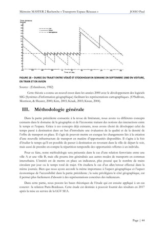Mémoire MASTER 2 Recherche « Transports Espace Réseaux » JOHO Paul
Page | 44
FIGURE 18 – DUREE DU TRAJET ENTRE VÄXJÖ ET STOCKHOLM EN SEMAINE EN SEPTEMBRE 1980 EN VOITURE,
EN TRAIN ET EN AVION
Source : (Erlandsson, 1982)
Cette théorie a connu un nouvel essor dans les années 2000 avec le développement des logiciels
SIG (Systèmes d’information géographique) facilitant les représentations cartographiques. (O’Sullivan,
Morrison, & Shearer, 2000; Kim, 2003; Kraak, 2003; Kwan, 2004).
III. Méthodologie générale
Dans la partie précédente consacrée à la revue de littérature, nous avons vu différents concepts
existants dans le domaine de la géographie et de l’économie traitant des notions des interactions entre
le temps et l’espace. Grâce à ces concepts déjà existants, nous avons choisi de développer celui du
temps passé à destination dans un but d’introduire une évaluation de la qualité et de la densité de
l’offre de transport en place. Il s’agit de pouvoir mettre en exergue les changements liés à la création
d’une nouvelle infrastructure de transport en matière d’opportunités disponibles. Il s’agira à la fois
d’étudier le temps qu’il est possible de passer à destination en revenant dans la ville de départ le soir,
mais aussi de prendre en compte la répartition temporelle des opportunités offertes à un individu.
Pour ce faire, notre méthodologie sera présentée dans le cas d’une relation ferroviaire entre une
ville A et une ville B, mais elle pourra être généralisée aux autres modes de transports en commun
interurbains. L’intérêt est de mettre en place un indicateur, plus poussé que le nombre de trains
circulant par jour ou le temps total de trajet. On étudiera le cas d’un aller/retour effectué dans la
même journée. Bien que nous ayons accordé la même importance à l’aspect géographique et l’aspect
économique de l’accessibilité dans la partie précédente ; la suite privilégiera le côté géographique, car
il permet plus facilement d’aboutir à des représentations concrètes des indicateurs.
Dans cette partie, nous posons les bases théoriques de l’étude qui est ensuite appliqué à un cas
concret : la relation Paris-Bordeaux. Cette étude est destinée à pouvoir fournir des résultats en 2017
après la mise en service de la LGV SEA.
 