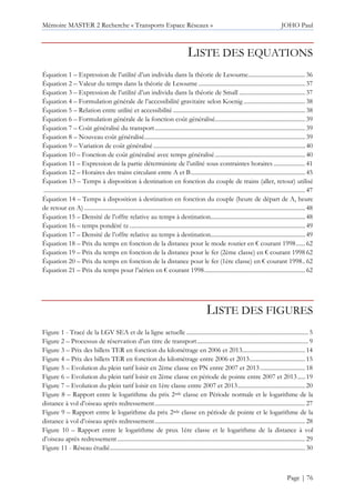 Mémoire MASTER 2 Recherche « Transports Espace Réseaux » JOHO Paul
Page | 76
LISTE DES EQUATIONS
Équation 1 – Expression de l’utilité d’un individu dans la théorie de Lesourne......................................36
Équation 2 – Valeur du temps dans la théorie de Lesourne .......................................................................37
Équation 3 – Expression de l’utilité d’un individu dans la théorie de Small ............................................37
Équation 4 – Formulation générale de l’accessibilité gravitaire selon Koenig .........................................38
Équation 5 – Relation entre utilité et accessibilité........................................................................................38
Équation 6 – Formulation générale de la fonction coût généralisé............................................................39
Équation 7 – Coût généralisé du transport....................................................................................................39
Équation 8 – Nouveau coût généralisé...........................................................................................................39
Équation 9 – Variation de coût généralisé.....................................................................................................40
Équation 10 – Fonction de coût généralisé avec temps généralisé............................................................40
Équation 11 – Expression de la partie déterministe de l’utilité sous contraintes horaires .....................41
Équation 12 – Horaires des trains circulant entre A et B............................................................................45
Équation 13 – Temps à disposition à destination en fonction du couple de trains (aller, retour) utilisé
..............................................................................................................................................................................47
Équation 14 – Temps à disposition à destination en fonction du couple (heure de départ de A, heure
de retour en A) ...................................................................................................................................................48
Équation 15 – Densité de l’offre relative au temps à destination...............................................................48
Équation 16 – temps pondéré tz.....................................................................................................................49
Équation 17 – Densité de l’offre relative au temps à destination...............................................................49
Équation 18 – Prix du temps en fonction de la distance pour le mode routier en € courant 1998......62
Équation 19 – Prix du temps en fonction de la distance pour le fer (2ème classe) en € courant 1998 62
Équation 20 – Prix du temps en fonction de la distance pour le fer (1ère classe) en € courant 1998..62
Équation 21 – Prix du temps pour l’aérien en € courant 1998...................................................................62
LISTE DES FIGURES
Figure 1 - Tracé de la LGV SEA et de la ligne actuelle ................................................................................. 5
Figure 2 – Processus de réservation d’un titre de transport.......................................................................... 9
Figure 3 – Prix des billets TER en fonction du kilométrage en 2006 et 2013..........................................14
Figure 4 – Prix des billets TER en fonction du kilométrage entre 2006 et 2013.....................................15
Figure 5 – Evolution du plein tarif loisir en 2ème classe en PN entre 2007 et 2013..............................18
Figure 6 – Evolution du plein tarif loisir en 2ème classe en période de pointe entre 2007 et 2013 .....19
Figure 7 – Evolution du plein tarif loisir en 1ère classe entre 2007 et 2013.............................................20
Figure 8 – Rapport entre le logarithme du prix 2nde classe en Période normale et le logarithme de la
distance à vol d’oiseau après redressement....................................................................................................27
Figure 9 – Rapport entre le logarithme du prix 2nde classe en période de pointe et le logarithme de la
distance à vol d’oiseau après redressement....................................................................................................28
Figure 10 – Rapport entre le logarithme de prux 1ère classe et le logarithme de la distance à vol
d’oiseau après redressement.............................................................................................................................29
Figure 11 - Réseau étudié..................................................................................................................................30
 
