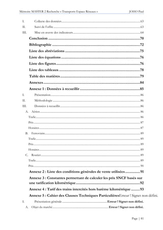 Mémoire MASTER 2 Recherche « Transports Espace Réseaux » JOHO Paul
Page | 81
I. Collecte des données.............................................................................................................63
II. Suivi de l’offre........................................................................................................................63
III. Mise en œuvre des indicateurs.............................................................................................64
Conclusion .............................................................................................70
Bibliographie .........................................................................................72
Liste des abréviations ............................................................................75
Liste des équations ................................................................................76
Liste des figures.....................................................................................76
Liste des tableaux ..................................................................................78
Table des matières.................................................................................79
Annexes..................................................................................................84
Annexe 1 : Données à recueillir .............................................................85
I. Présentation............................................................................................................................86
II. Méthodologie .........................................................................................................................86
III. Données à recueillir...............................................................................................................86
Aérien.................................................................................................................................................86
Trafic.......................................................................................................................................................86
Prix..........................................................................................................................................................87
Horaires..................................................................................................................................................87
Ferroviaire..........................................................................................................................................89
Trafic.......................................................................................................................................................89
Prix..........................................................................................................................................................89
Horaires..................................................................................................................................................89
Routier................................................................................................................................................89
Trafic.......................................................................................................................................................89
Prix..........................................................................................................................................................90
Annexe 2 : Liste des conditions générales de vente utilisées...............91
Annexe 3 : Constantes permettant de calculer les prix SNCF basés sur
une tarification kilométrique.................................................................92
Annexe 4 : Tarif des trains intercités hors barème kilométrique .........93
Annexe 5 : Cahier des Clauses Techniques ParticulièresErreur ! Signet non défini.
I. Présentation générale ..............................................................Erreur ! Signet non défini.
Objet du marché.................................................................................Erreur ! Signet non défini.
 