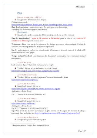ANNEXE 1
Page | 87
PRIX
INDICE DES PRIX DE LA DGAC
Récupérer les différents indices des prix
Publication mensuelle
http://www.developpement-durable.gouv.fr/3-en-decembre-pour-les-billets-d.html
Date de récupération : aucune importance (les archives restent disponibles)
+ stockage des données récupérées par le Robot
HORAIRES
Récupérer les guides horaires des différents aéroports 2x par an (s’ils existent)
Date de récupération51 : entre le 31 mars et le 26 octobre pour la version été ; entre le 27
octobre et le 30 mars pour la version hiver
Traitement : Dans cette partie, le traitement des fichiers et souvent très compliqué. Il s’agit de
convertir des fichiers pdf en bases de données exploitables
Rq : les guides peuvent parfois être trouvés grâce à la requête « aéroport {nom de la ville} guide
horaire filetype:pdf » sur google
Temps indicatif total : 2h sans traitement des données ; 1 journée/relevé avec traitement intégral
des données
AEROPORT AGEN
Seule la liaison Agen=>Paris Orly Sud existe (avec Hop !)
Vérifier 2 fois par an que les horaires n’ont pas changé
http://www.aeroport-agen.com/fr/ligne-agenparis-orly-sud.html
AEROPORT ANGOULEME
Vérifier 2 fois par an qu’il n’y a pas eu d’ouverture de nouvelles lignes
http://www.angouleme.aeroport.fr/
AEROPORT BERGERAC
Récupérer le guide 2 fois par an
http://www.bergerac.aeroport.fr/fr/horaires-destinations/departs
A récupérer à droite du site
Eté 13 : Valable du 31 mars au 26 octobre 2013
AEROPORT DE BIARRITZ
Récupérer le guide 2 fois par an
http://www.biarritz.aeroport.fr/
A récupérer à droite du site
Eté 2013 : Valable du 31/03/2013 au 26/10/2013
Rq : Pour avoir des données exploitables, le plus simple est de copier les horaires de chaque
compagnie dans un fichier . xls (http://www.biarritz.aeroport.fr/destination/compagnie.html)
AEROPORT DE BORDEAUX
Récupérer le guide horaire 2 fois par an
51 Les dates peuvent changer d’un aéroport à l’autre
 