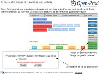 1. Saisie des temps et tracabilité sur tablette
Open­Prod permet aux opérateurs, à travers une interface simplifiée sur tablette, de saisir leurs 
temps de travail, de suivre la traçabilité des matières et de vérifier la quantité produite.
Temps de production prévu
Temps de production réel
Déclaration de fin de production
Open-Prod édité par Objectif-PI – Avenue des Papeteries – 38190 Lancey - Tél : 04 76 98 36 40 – E-mail : open-prod@objectif-pi.com open-prod.com
 