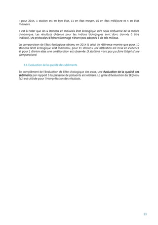 13
- pour 2014, 1 station est en bon état, 11 en état moyen, 10 en état médiocre et 4 en état
mauvais.
Il est à noter que les 4 stations en mauvais état écologique sont sous l'influence de la marée
dynamique. Les résultats obtenus pour les indices biologiques sont donc donnés à titre
indicatif, les protocoles d'échantillonnage n'étant pas adaptés à de tels milieux.
La comparaison de l'état écologique obtenu en 2014 à celui de référence montre que pour 10
stations l’état écologique s’est maintenu, pour 11 stations une altération est mise en évidence
et pour 2 d’entre elles une amélioration est observée (3 stations n'ont pas pu faire l'objet d'une
comparaison).
3.3. Evaluation de la qualité des sédiments
En complément de l’évaluation de l’état écologique des eaux, une évaluation de la qualité des
sédiments par rapport à la présence de polluants est réalisée. La grille d’évaluation du SEQ eau
(V2) est utilisée pour l’interprétation des résultats.
 