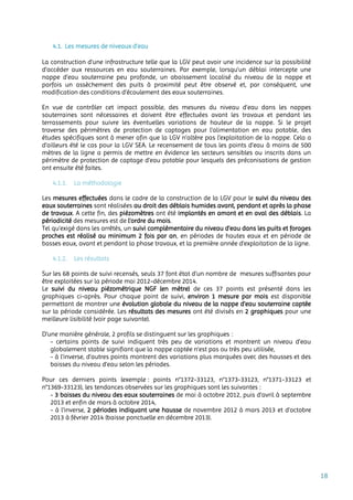 18
4.1. Les mesures de niveaux d’eau
La construction d'une infrastructure telle que la LGV peut avoir une incidence sur la possibilité
d’accéder aux ressources en eau souterraines. Par exemple, lorsqu’un déblai intercepte une
nappe d’eau souterraine peu profonde, un abaissement localisé du niveau de la nappe et
parfois un assèchement des puits à proximité peut être observé et, par conséquent, une
modification des conditions d’écoulement des eaux souterraines.
En vue de contrôler cet impact possible, des mesures du niveau d’eau dans les nappes
souterraines sont nécessaires et doivent être effectuées avant les travaux et pendant les
terrassements pour suivre les éventuelles variations de hauteur de la nappe. Si le projet
traverse des périmètres de protection de captages pour l’alimentation en eau potable, des
études spécifiques sont à mener afin que la LGV n’altère pas l’exploitation de la nappe. Cela a
d’ailleurs été le cas pour la LGV SEA. Le recensement de tous les points d’eau à moins de 500
mètres de la ligne a permis de mettre en évidence les secteurs sensibles ou inscrits dans un
périmètre de protection de captage d’eau potable pour lesquels des préconisations de gestion
ont ensuite été faites.
4.1.1. La méthodologie
Les mesures effectuées dans le cadre de la construction de la LGV pour le suivi du niveau des
eaux souterraines sont réalisées au droit des déblais humides avant, pendant et après la phase
de travaux. A cette fin, des piézomètres ont été implantés en amont et en aval des déblais. La
périodicité des mesures est de l'ordre du mois.
Tel qu’exigé dans les arrêtés, un suivi complémentaire du niveau d'eau dans les puits et forages
proches est réalisé au minimum 2 fois par an, en périodes de hautes eaux et en période de
basses eaux, avant et pendant la phase travaux, et la première année d'exploitation de la ligne.
4.1.2. Les résultats
Sur les 68 points de suivi recensés, seuls 37 font état d’un nombre de mesures suffisantes pour
être exploitées sur la période mai 2012-décembre 2014.
Le suivi du niveau piézométrique NGF (en mètre) de ces 37 points est présenté dans les
graphiques ci-après. Pour chaque point de suivi, environ 1 mesure par mois est disponible
permettant de montrer une évolution globale du niveau de la nappe d’eau souterraine captée
sur la période considérée. Les résultats des mesures ont été divisés en 2 graphiques pour une
meilleure lisibilité (voir page suivante).
D’une manière générale, 2 profils se distinguent sur les graphiques :
- certains points de suivi indiquent très peu de variations et montrent un niveau d’eau
globalement stable signifiant que la nappe captée n’est pas ou très peu utilisée,
- à l’inverse, d’autres points montrent des variations plus marquées avec des hausses et des
baisses du niveau d’eau selon les périodes.
Pour ces derniers points (exemple : points n°1372-33123, n°1373-33123, n°1371-33123 et
n°1369-33123), les tendances observées sur les graphiques sont les suivantes :
- 3 baisses du niveau des eaux souterraines de mai à octobre 2012, puis d’avril à septembre
2013 et enfin de mars à octobre 2014,
- à l’inverse, 2 périodes indiquant une hausse de novembre 2012 à mars 2013 et d’octobre
2013 à février 2014 (baisse ponctuelle en décembre 2013).
 