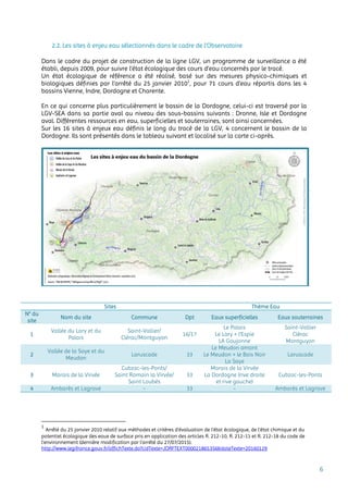 6
2.2. Les sites à enjeu eau sélectionnés dans le cadre de l’Observatoire
Dans le cadre du projet de construction de la ligne LGV, un programme de surveillance a été
établi, depuis 2009, pour suivre l’état écologique des cours d’eau concernés par le tracé.
Un état écologique de référence a été réalisé, basé sur des mesures physico-chimiques et
biologiques définies par l’arrêté du 25 janvier 20101
, pour 71 cours d’eau répartis dans les 4
bassins Vienne, Indre, Dordogne et Charente.
En ce qui concerne plus particulièrement le bassin de la Dordogne, celui-ci est traversé par la
LGV-SEA dans sa partie aval au niveau des sous-bassins suivants : Dronne, Isle et Dordogne
aval. Différentes ressources en eau, superficielles et souterraines, sont ainsi concernées.
Sur les 16 sites à enjeux eau définis le long du tracé de la LGV, 4 concernent le bassin de la
Dordogne. Ils sont présentés dans le tableau suivant et localisé sur la carte ci-après.
Sites Thème Eau
N° du
site
Nom du site Commune Dpt Eaux superficielles Eaux souterraines
1
Vallée du Lary et du
Palais
Saint-Vallier/
Clérac/Montguyon
16/17
Le Palais
Le Lary + l’Espie
LA Goujonne
Saint-Vallier
Clérac
Montguyon
2
Vallée de la Saye et du
Meudon
Laruscade 33
Le Meudon amont
Le Meudon + le Bois Noir
La Saye
Laruscade
3 Marais de la Virvée
Cubzac-les-Ponts/
Saint Romain la Virvée/
Saint Loubés
33
Marais de la Virvée
La Dordogne (rive droite
et rive gauche)
Cubzac-les-Ponts
4 Ambarès et Lagrave - 33 - Ambarès et Lagrave
1
Arrêté du 25 janvier 2010 relatif aux méthodes et critères d'évaluation de l'état écologique, de l'état chimique et du
potentiel écologique des eaux de surface pris en application des articles R. 212-10, R. 212-11 et R. 212-18 du code de
l'environnement (dernière modification par l’arrêté du 27/07/2015).
http://www.legifrance.gouv.fr/affichTexte.do?cidTexte=JORFTEXT000021865356&dateTexte=20160129
 