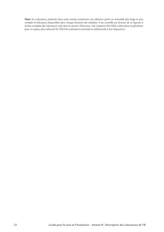 32 Guide pour le suivi et l’évaluation – Annexe B : Description des indicateurs de TB
Note: les indicateurs présentés dans cette annexe constituent une sélection parmi un ensemble plus large et plus
complet d’indicateurs disponibles dans chaque domaine des maladies. Il est conseillé aux lecteurs de se reporter à
la liste complète des indicateurs citée dans la section «Directives» des chapitres VIH/SIDA, tuberculose et paludisme
pour un aperçu plus exhaustif de TOUS les indicateurs essentiels et additionnels à leur disposition..
 