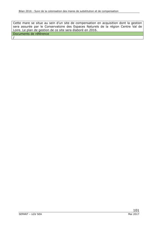 Bilan 2016 - Suivi de la colonisation des mares de substitution et de compensation
101
SEPANT – LGV SEA Mai 2017
Cette mare se situe au sein d’un site de compensation en acquisition dont la gestion
sera assurée par le Conservatoire des Espaces Naturels de la région Centre Val de
Loire. Le plan de gestion de ce site sera élaboré en 2016.
Documents de référence
/
 