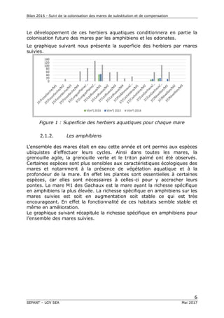 Bilan 2016 - Suivi de la colonisation des mares de substitution et de compensation
6
SEPANT – LGV SEA Mai 2017
Le développement de ces herbiers aquatiques conditionnera en partie la
colonisation future des mares par les amphibiens et les odonates.
Le graphique suivant nous présente la superficie des herbiers par mares
suivies.
0
20
40
60
80
100
120
140
V(m²) 2014 V(m²) 2015 V(m²) 2016
Figure 1 : Superficie des herbiers aquatiques pour chaque mare
2.1.2. Les amphibiens
L’ensemble des mares était en eau cette année et ont permis aux espèces
ubiquistes d’effectuer leurs cycles. Ainsi dans toutes les mares, la
grenouille agile, la grenouille verte et le triton palmé ont été observés.
Certaines espèces sont plus sensibles aux caractéristiques écologiques des
mares et notamment à la présence de végétation aquatique et à la
profondeur de la mare. En effet les plantes sont essentielles à certaines
espèces, car elles sont nécessaires à celles-ci pour y accrocher leurs
pontes. La mare M1 des Gachaux est la mare ayant la richesse spécifique
en amphibiens la plus élevée. La richesse spécifique en amphibiens sur les
mares suivies est soit en augmentation soit stable ce qui est très
encourageant. En effet la fonctionnalité de ces habitats semble stable et
même en amélioration.
Le graphique suivant récapitule la richesse spécifique en amphibiens pour
l’ensemble des mares suivies.
 