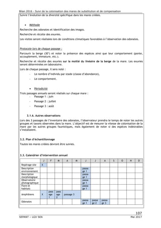 Bilan 2016 - Suivi de la colonisation des mares de substitution et de compensation
107
SEPANT – LGV SEA Mai 2017
Suivre l’évolution de la diversité spécifique dans les mares créées.
 Méthode
Recherche des odonates et identification des imagos.
Recherche et récolte des exuvies.
Les visites seront réalisées lors de conditions climatiques favorables à l’observation des odonates.
Protocole lors de chaque passage :
Parcourir la berge (30’) et noter la présence des espèces ainsi que leur comportement (ponte,
accouplement, immature, etc.).
Recherche et récolte des exuvies sur la moitié du linéaire de la berge de la mare. Les exuvies
seront déterminées en laboratoire.
Lors de chaque passage, il sera noté :
- Le nombre d’individu par stade (classe d’abondance),
- Le comportement.
 Périodicité
Trois passages annuels seront réalisés sur chaque mare :
- Passage 1 : juin
- Passage 2 : juillet
- Passage 3 : août
3.1.6. Autres observations
Lors des 3 passages de l’inventaire des odonates, l’observateur prendra le temps de noter les autres
groupes et taxons observées dans la mare. L’objectif est de mesurer la vitesse de colonisation de la
mare par les autres groupes faunistiques, mais également de noter si des espèces indésirables
s’installaient.
3.2. Plan d’échantillonnage
Toutes les mares créées devront être suivies.
3.3. Calendrier d’intervention annuel
J F M A M J J A S O N D
Repérage site X
Description
environnement
passa
ge 1
Description
morphologique
passa
ge 1
Observatoire
photographique
passa
ge 1
Flore et
habitats
passa
ge 1
Amphibiens X
pass
age
1
pass
age
2
passage 3
Odonates
passa
ge 1
passa
ge 2
passa
ge 3
 