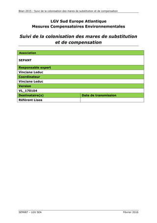 Bilan 2015 - Suivi de la colonisation des mares de substitution et de compensation
SEPANT – LGV SEA Février 2016
LGV Sud Europe Atlantique
Mesures Compensatoires Environnementales
Suivi de la colonisation des mares de substitution
et de compensation
Association
SEPANT
Responsable expert
Vinciane Leduc
Coordinateur
Vinciane Leduc
Version
VL_170104
Destinataire(s) Date de transmission
Référent Lisea
 
