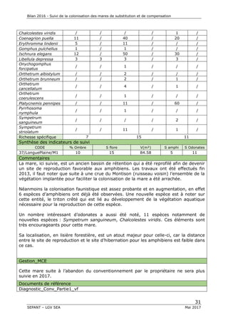 Bilan 2016 - Suivi de la colonisation des mares de substitution et de compensation
31
SEPANT – LGV SEA Mai 2017
Chalcolestes viridis / / / / 1 /
Coenagrion puella 11 / 40 / 20 /
Erythromma lindenii 5 / 11 / / /
Gomphus pulchellus 1 / 1 / / /
Ischnura elegans 12 / 50 / 30 /
Libellula depressa 3 3 3 / 3 /
Onychogomphus
forcipatus
/ / 1 / / /
Orthetrum albistylum / / 2 / / /
Orthetrum brunneum / / 2 / 1 /
Orthetrum
cancellatum
/ / 4 / 1 /
Orthetrum
coerulescens
/ / 1 / / /
Platycnemis pennipes / / 11 / 60 /
Pyrrhosoma
nymphula
/ / 1 / / /
Sympetrum
sanguineum
/ / / / 2 /
Sympetrum
striolatum
/ / 11 / 1 /
Richesse spécifique 7 15 11
Synthèse des indicateurs de suivi
CODE % Ombre S flore V(m²) S amphi S Odonates
37/LonguePlaine/M1 10 15 84.58 5 11
Commentaires
La mare, ici suivie, est un ancien bassin de rétention qui a été reprofilé afin de devenir
un site de reproduction favorable aux amphibiens. Les travaux ont été effectués fin
2013, il faut noter que suite à une crue du Montison (ruisseau voisin) l’ensemble de la
végétation implantée pour faciliter la colonisation de la mare a été arrachée.
Néanmoins la colonisation faunistique est assez probante et en augmentation, en effet
6 espèces d’amphibiens ont déjà été observées. Une nouvelle espèce est à noter sur
cette entité, le triton crêté qui est lié au développement de la végétation aquatique
nécessaire pour la reproduction de cette espèce.
Un nombre intéressant d’odonates a aussi été noté, 11 espèces notamment de
nouvelles espèces : Sympetrum sanguineum, Chalcolestes viridis. Ces éléments sont
très encourageants pour cette mare.
Sa localisation, en lisière forestière, est un atout majeur pour celle-ci, car la distance
entre le site de reproduction et le site d’hibernation pour les amphibiens est faible dans
ce cas.
Gestion_MCE
Cette mare suite à l’abandon du conventionnement par le propriétaire ne sera plus
suivie en 2017.
Documents de référence
Diagnostic_Conv_Partie1_vf
 