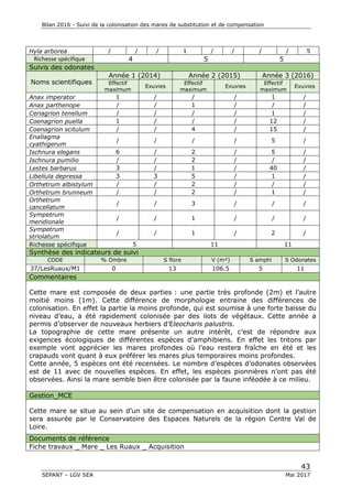 Bilan 2016 - Suivi de la colonisation des mares de substitution et de compensation
43
SEPANT – LGV SEA Mai 2017
Hyla arborea / / / 1 / / / / 5
Richesse spécifique 4 5 5
Suivis des odonates
Noms scientifiques
Année 1 (2014) Année 2 (2015) Année 3 (2016)
Effectif
maximum
Exuvies
Effectif
maximum
Exuvies
Effectif
maximum
Exuvies
Anax imperator 1 / / / 1 /
Anax parthenope / / 1 / / /
Ceriagrion tenellum / / / / 1 /
Coenagrion puella 1 / / / 12 /
Coenagrion scitulum / / 4 / 15 /
Enallagma
cyathigerum
/ / / / 5 /
Ischnura elegans 6 / 2 / 5 /
Ischnura pumilio / / 2 / / /
Lestes barbarus 3 / 1 / 40 /
Libellula depressa 3 3 5 / 1 /
Orthetrum albistylum / / 2 / / /
Orthetrum brunneum / / 2 / 1 /
Orthetrum
cancellatum
/ / 3 / / /
Sympetrum
meridionale
/ / 1 / / /
Sympetrum
striolatum
/ / 1 / 2 /
Richesse spécifique 5 11 11
Synthèse des indicateurs de suivi
CODE % Ombre S flore V (m²) S amphi S Odonates
37/LesRuaux/M1 0 13 106.5 5 11
Commentaires
Cette mare est composée de deux parties : une partie très profonde (2m) et l’autre
moitié moins (1m). Cette différence de morphologie entraine des différences de
colonisation. En effet la partie la moins profonde, qui est soumise à une forte baisse du
niveau d’eau, a été rapidement colonisée par des ilots de végétaux. Cette année a
permis d’observer de nouveaux herbiers d’Eleocharis palustris.
La topographie de cette mare présente un autre intérêt, c’est de répondre aux
exigences écologiques de différentes espèces d’amphibiens. En effet les tritons par
exemple vont apprécier les mares profondes où l’eau restera fraîche en été et les
crapauds vont quant à eux préférer les mares plus temporaires moins profondes.
Cette année, 5 espèces ont été recensées. Le nombre d’espèces d’odonates observées
est de 11 avec de nouvelles espèces. En effet, les espèces pionnières n’ont pas été
observées. Ainsi la mare semble bien être colonisée par la faune inféodée à ce milieu.
Gestion_MCE
Cette mare se situe au sein d’un site de compensation en acquisition dont la gestion
sera assurée par le Conservatoire des Espaces Naturels de la région Centre Val de
Loire.
Documents de référence
Fiche travaux _ Mare _ Les Ruaux _ Acquisition
 