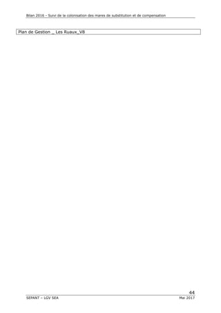 Bilan 2016 - Suivi de la colonisation des mares de substitution et de compensation
44
SEPANT – LGV SEA Mai 2017
Plan de Gestion _ Les Ruaux_V8
 