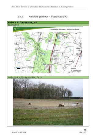 Bilan 2016 - Suivi de la colonisation des mares de substitution et de compensation
45
SEPANT – LGV SEA Mai 2017
2.4.2. Résultats généraux – 37/LesRuaux/M2
Fiche – 37/Les Ruaux/M2
Localisation
Observatoire photographique _ 2014
 