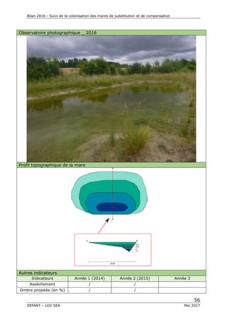 Bilan 2016 - Suivi de la colonisation des mares de substitution et de compensation
56
SEPANT – LGV SEA Mai 2017
Observatoire photographique _ 2016
Profil topographique de la mare
Autres indicateurs
Indicateurs Année 1 (2014) Année 2 (2015) Année 3
Assèchement / /
Ombre projetée (en %) / /
 