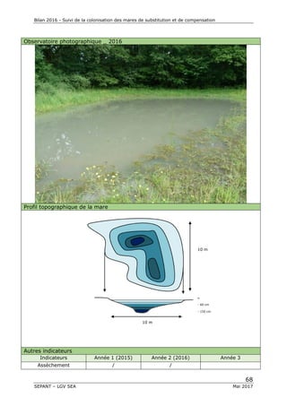 Bilan 2016 - Suivi de la colonisation des mares de substitution et de compensation
68
SEPANT – LGV SEA Mai 2017
Observatoire photographique _ 2016
Profil topographique de la mare
Autres indicateurs
Indicateurs Année 1 (2015) Année 2 (2016) Année 3
Assèchement / /
10 m
10 m
0
- 60 cm
- 150 cm
 