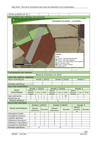 Bilan 2016 - Suivi de la colonisation des mares de substitution et de compensation
69
SEPANT – LGV SEA Mai 2017
Ombre projetée (en %) / /
Cartographie des habitats environnants
Cartographie des herbiers
Absence d’herbiers en 2016
Liste des espèces végétales
Noms scientifiques Année 1 (2015) Année 2 (2016) Année 3
/ /
Richesse spécifique / /
Suivi des amphibiens
Noms
scientifiques
Année 1 (2015) Année 2 (2016) Année 3
Effectif
maximum
(adulte)
Larve Ponte
Effectif
maximum
(adulte)
Larve Ponte
Effectif
maximum
(adulte)
Larve Ponte
Rana dalmatina 3 / / 1 / 30
Pelophylax sp. 1 / / 3 / /
Richesse spécifique 2 2
Suivis des odonates
Noms scientifiques
Année 1 (2015) Année 2 (2016) Année 3
Effectif
maximum
Exuvies
Effectif
maximum
Exuvies
Effectif
maximu
m
Exuvies
Coenagrion puella 2 / 1 /
Coenagrion scitulum / / 3 /
Libellula depressa 2 / 3 /
Orthetrum brunneum / / 1 /
Orthetrum cancellatum / / 3 /
Sympetrum striolatum / / 1 /
Richesse spécifique 2 6
 