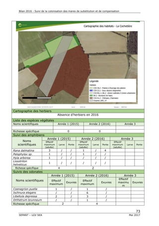Bilan 2016 - Suivi de la colonisation des mares de substitution et de compensation
73
SEPANT – LGV SEA Mai 2017
Cartographie des herbiers
Absence d’herbiers en 2016
Liste des espèces végétales
Noms scientifiques Année 1 (2015) Année 2 (2016) Année 3
Richesse spécifique 0 0
Suivi des amphibiens
Noms
scientifiques
Année 1 (2015) Année 2 (2016) Année 3
Effectif
maximum
(adulte)
Larve Ponte
Effectif
maximum
(adulte)
Larve Ponte
Effectif
maximum
(adulte)
Larve Ponte
Rana dalmatina 3 / / 1 / 4
Pelophylax sp. 1 / / 1 / /
Hyla arborea 1 / / / / /
Lissotriton
helveticus
1 / / / / /
Richesse spécifique 4 2
Suivis des odonates
Noms scientifiques
Année 1 (2015) Année 2 (2016) Année 3
Effectif
maximum
Exuvies
Effectif
maximum
Exuvies
Effectif
maximu
m
Exuvies
Coenagrion puella 1 / 1 /
Ischnura elegans / / 6 /
Libellula depressa 2 / 3 /
Orthetrum brunneum / / 1 /
Richesse spécifique 2 4
 